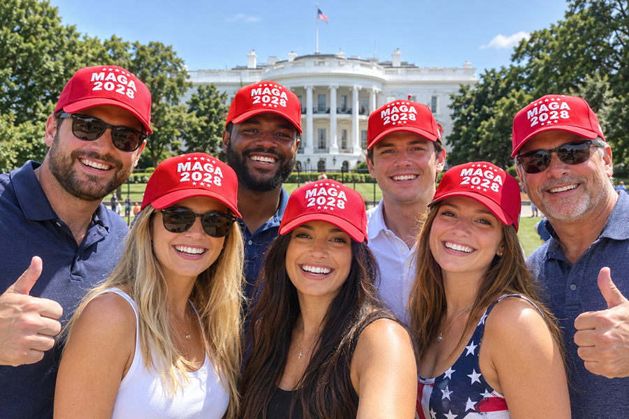 A group wearing MAGA 2028 caps near the White House